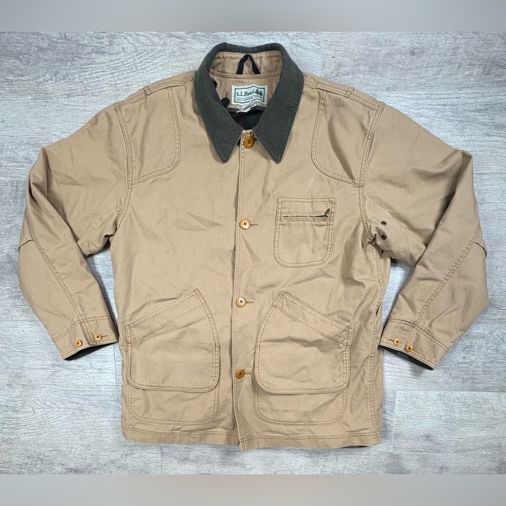 LL BEAN Jacket Mens L Plaid Lined Canvas Cotton Field Barn Chore Coat Beige Vtg